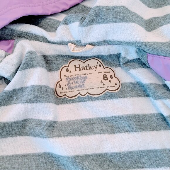 Hatley Girls Lilac Rain Jacket Sz 5 Waterproof Button-Up Fleece Lined Gray White - Picture 6 of 8